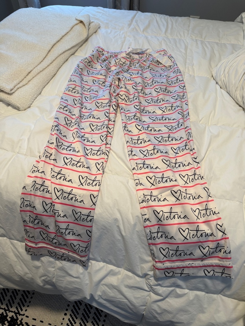 Victoria's Secret White Pajama Pants with Pink Stripes and Black Script